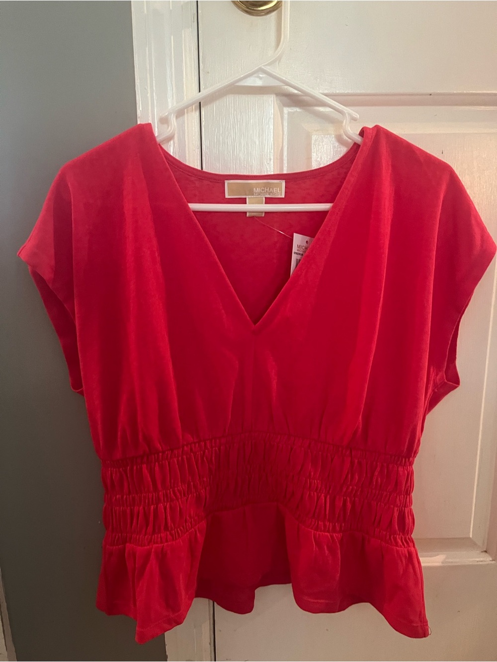 Michael Kors Bright Red V-Neck Smocked Waist Peplum Top